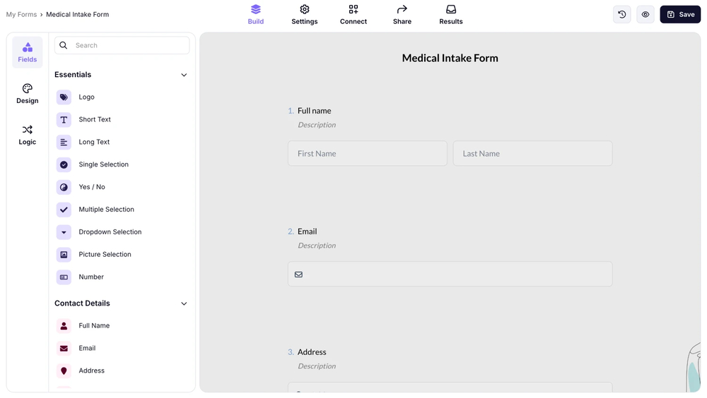 An image showing the “Build” section of the form with some added fields