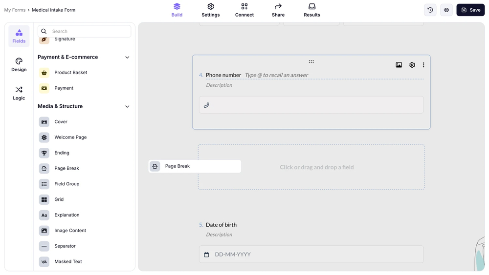An image showing how you can find and drag&amp;drop the “Page Break” field to your form