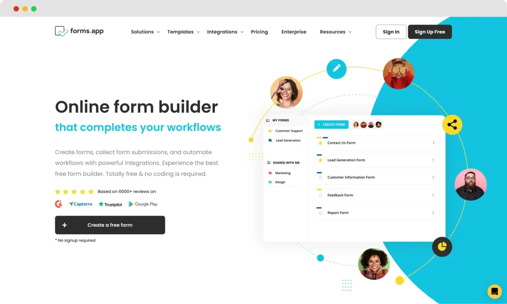 La página de inicio de forms.app