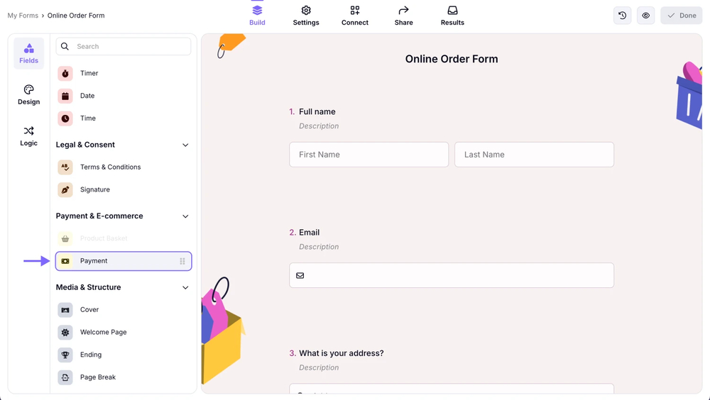 An image showing the field menu in the “Build” section, where you can select the “Payment field” option to easily add it to your form