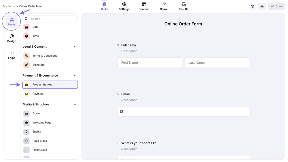 An image showing how to add the “Product Basket” field to your form from the field menu on the left