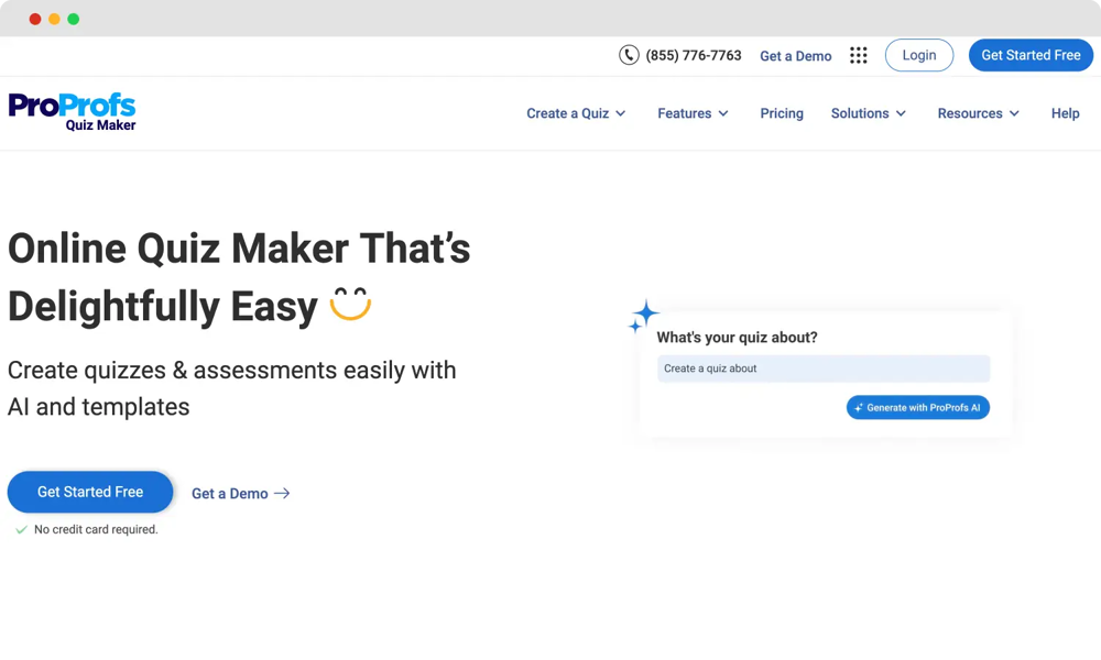 The homepage of ProProfs Quiz Maker