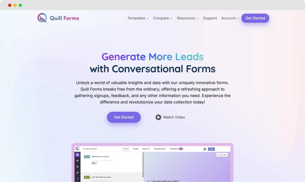 The homepage of Quill Forms