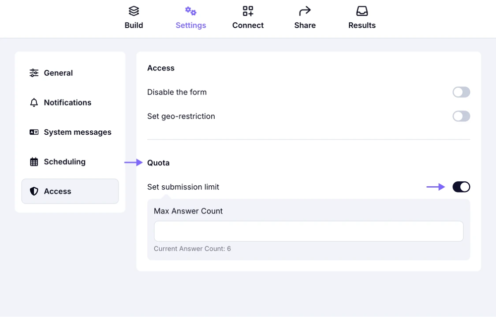 An image showing the setting area where you can set the “Max answer count” for your form