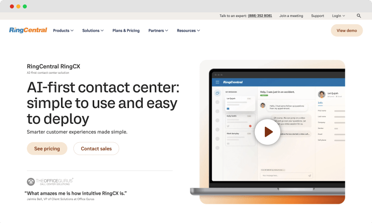 La página principal de RingCentral