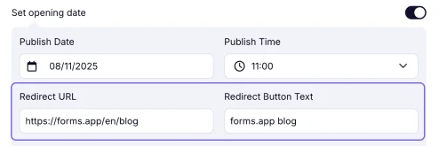 An image showing how you can edit your Redirect button text and the URL, where users will be redirected