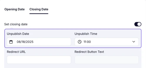 An image showing an example of an entered form’s unpublish date and time in the needed area