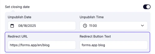 An image showing how you can edit your Redirect button text and the URL, where users will be redirected