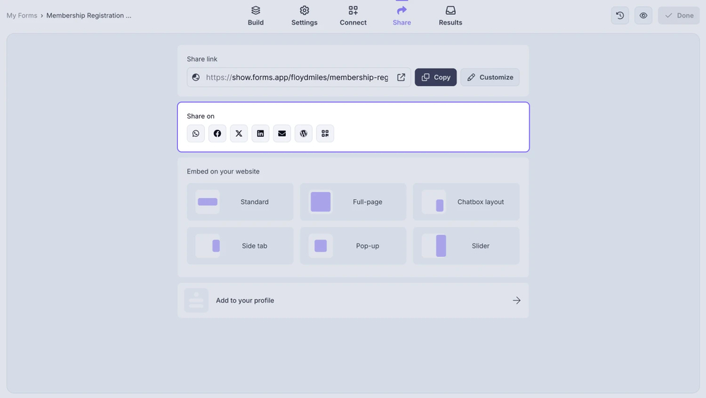 An image showing the social media icons from the “Share” section, which you can use to share your form via social media channels