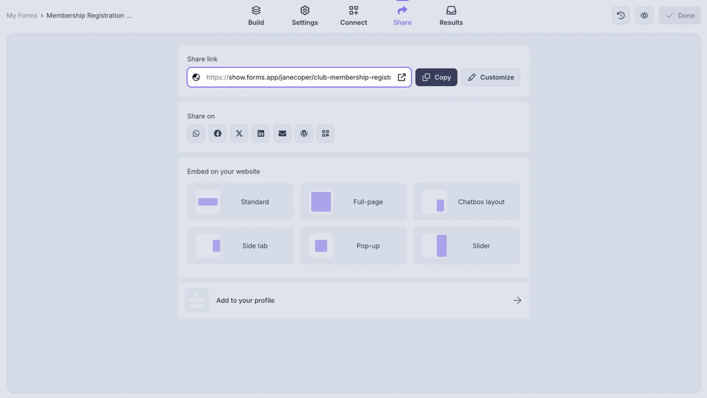 An image showing the form URL area from the “Share” section, where you can copy your form link for future publishing