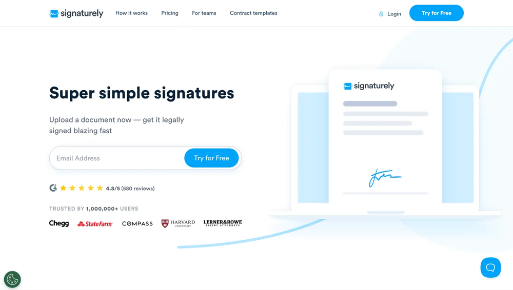Homepage of Signaturely