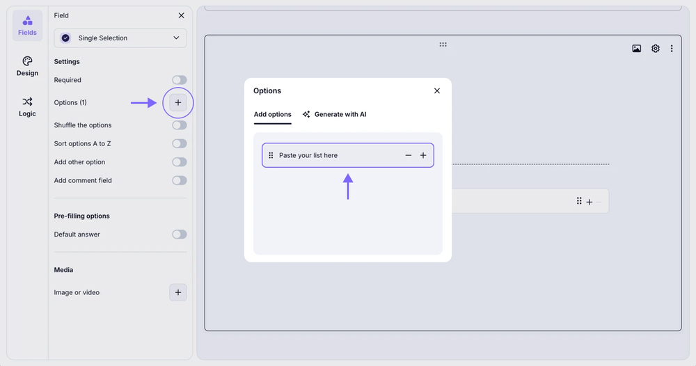 An image showing how you can paste a list of options to your field by opening the field settings