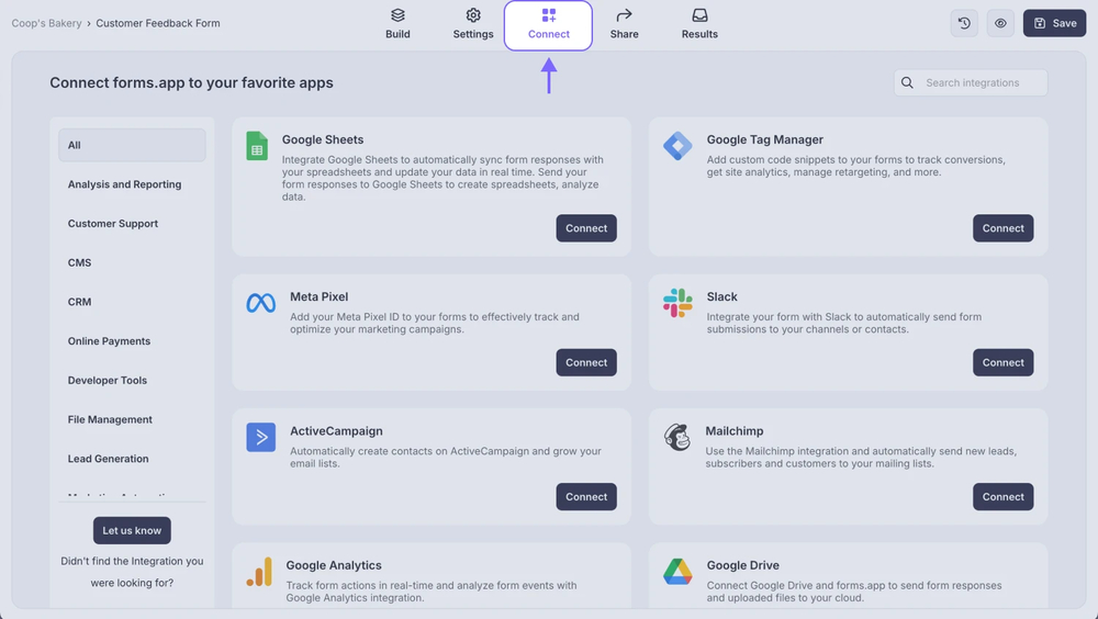 An image showing how you can access the “Connect” section after opening your form