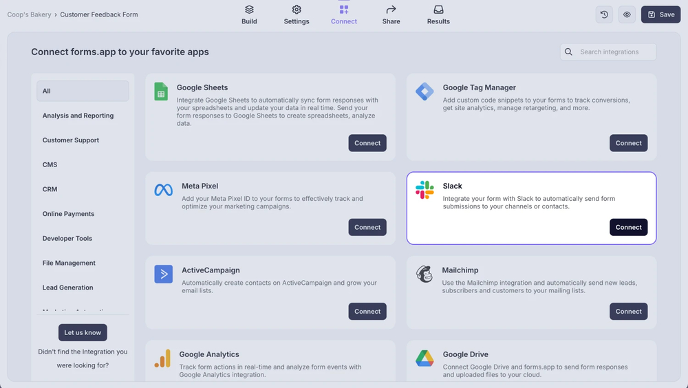 An image showing the “Slack” option, which you need to select from the integration list