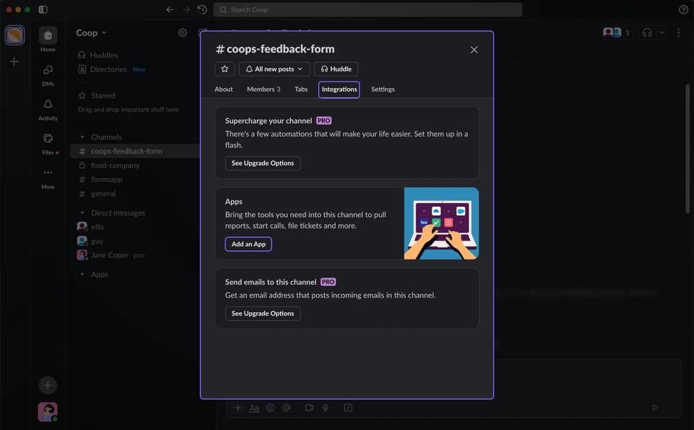 An image showing the pop-up and the “Integrations” section you need to access and press the “Add apps” button