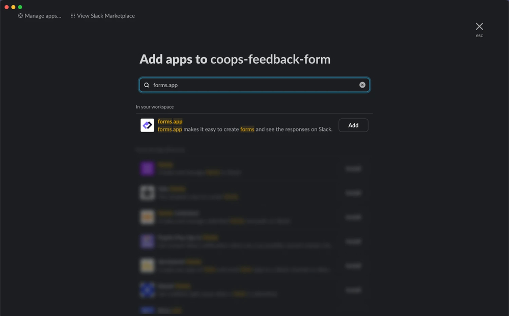 An image showing the area from which you need to select the “forms.app” options to add it to the channel