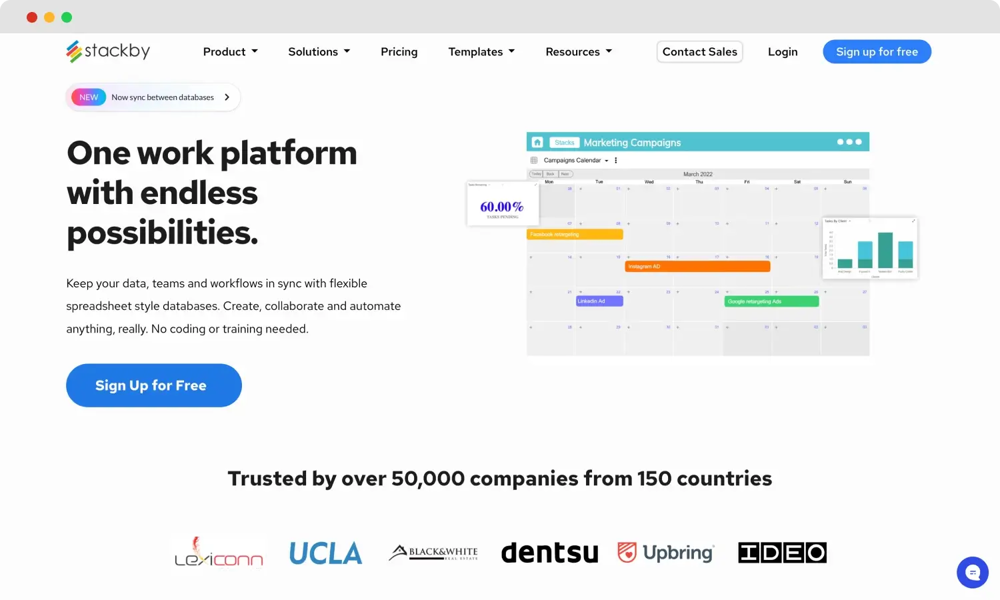 The homepage of Stackby