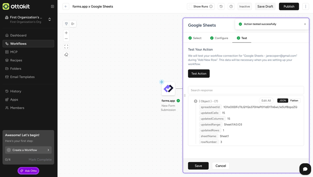 An image showing the testing area from “OttoKit” where you can test your workflow