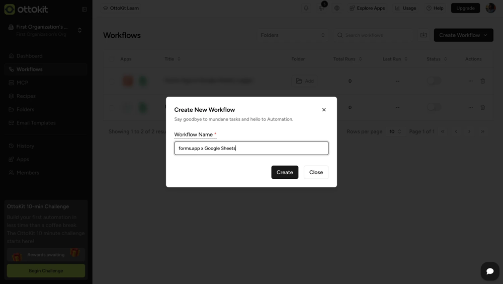 An image showing the appearing pop-up that allows you to enter your workflow name