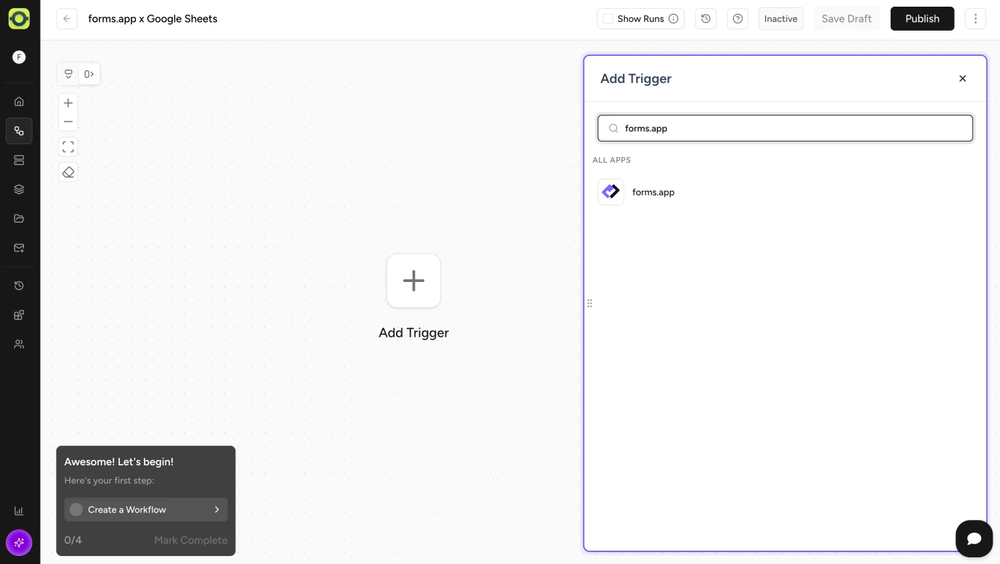 An image showing a drop-down menu from which you can find and select forms.app by adding a trigger