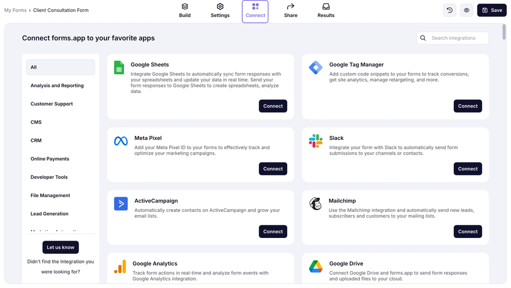 An image showing the forms.app interface and the “Connect” button