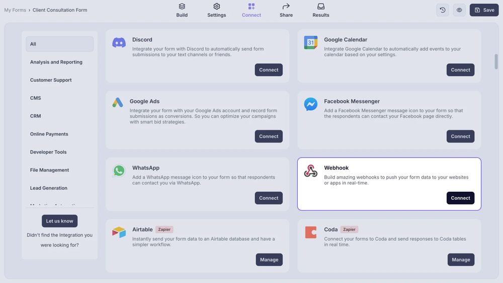 An image showing the “Webhook” option from the list of integrations