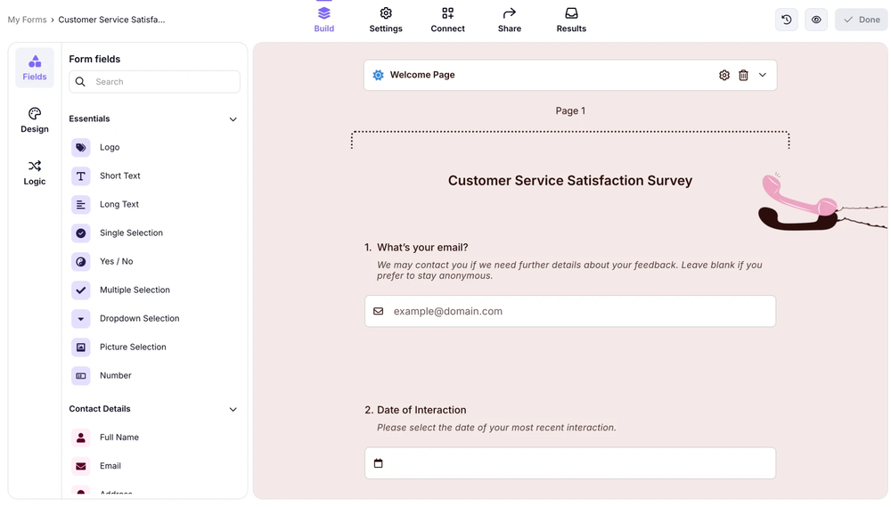 Workspace of forms.app