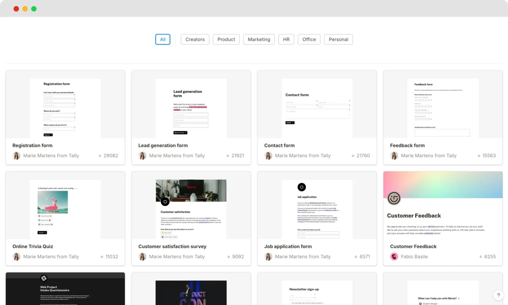Biblioteca de modelos de formulários do Tally Forms