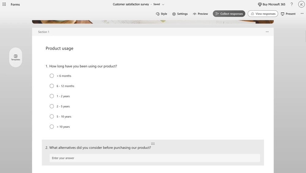 Workspace of MS Forms