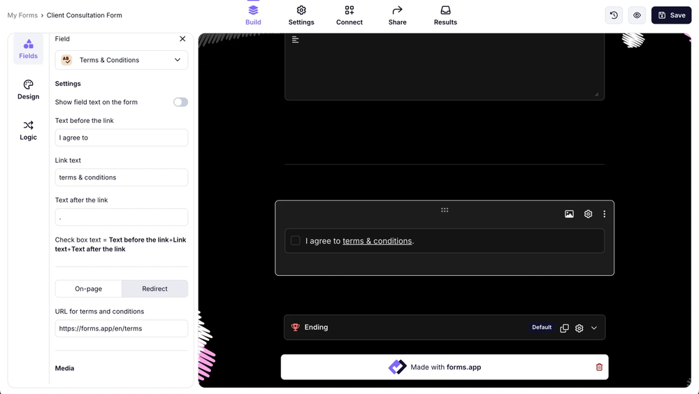 An image showing the “Redirect” option, which you need to select in case you want to redirect respondents to an external page to check the Terms and Conditions