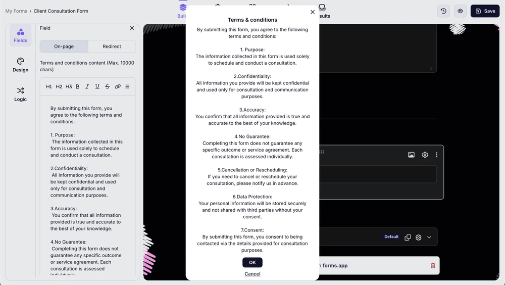 An image showing the “On-page” option, which you need to select in case you want your Terms and Conditions text content to appear as a pop-up on the form