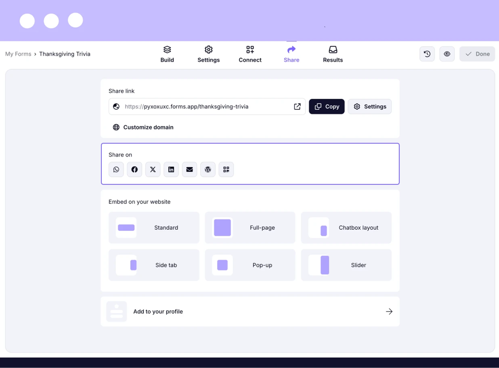 Sharing options for your Thanksgiving trivia