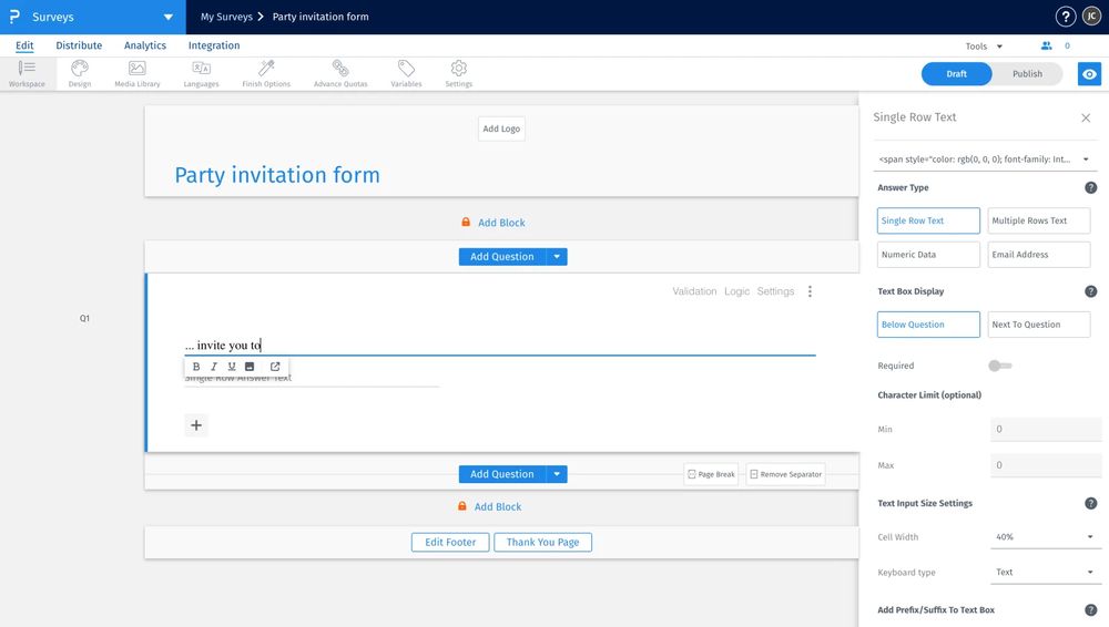 Workspace of QuestionPro