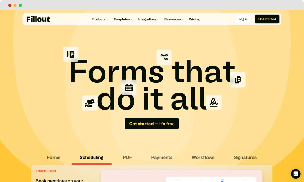 The homepage of Fillout