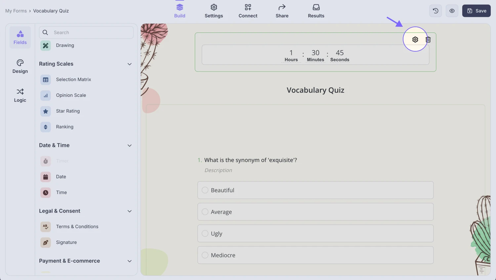An image showing the gear icon on the “Timer” field, which you need to click to access the field settings