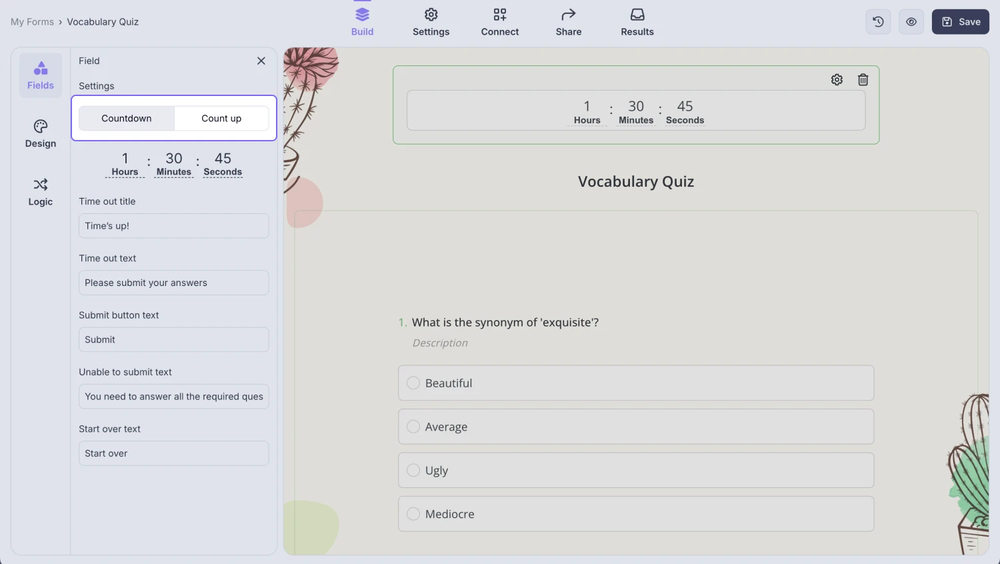 An image showing the options of “Countdown” and “Count up” that you can select from the field settings
