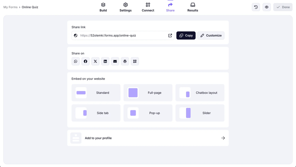 Share or embed your online quiz