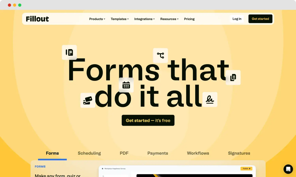 The homepage of Fillout