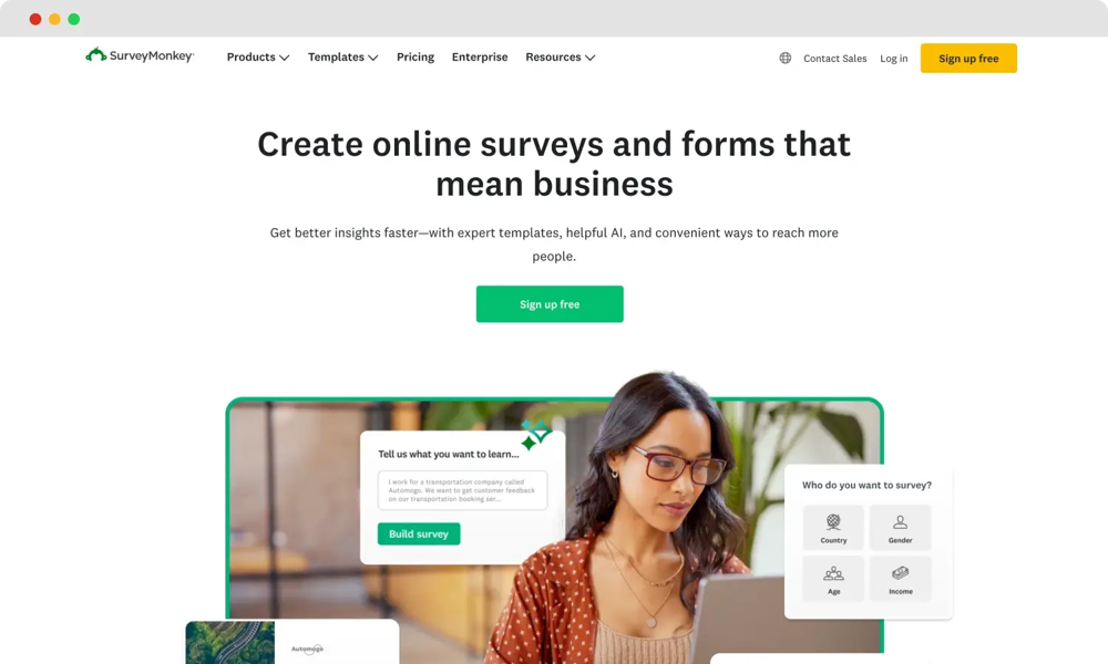The homepage of SurveyMonkey