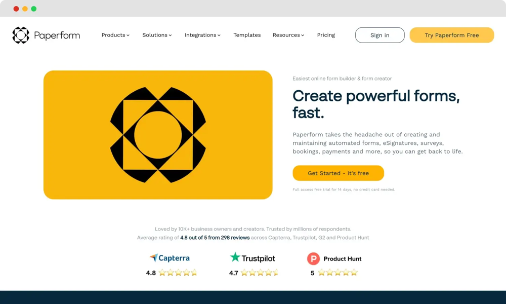 The homepage of Paperform