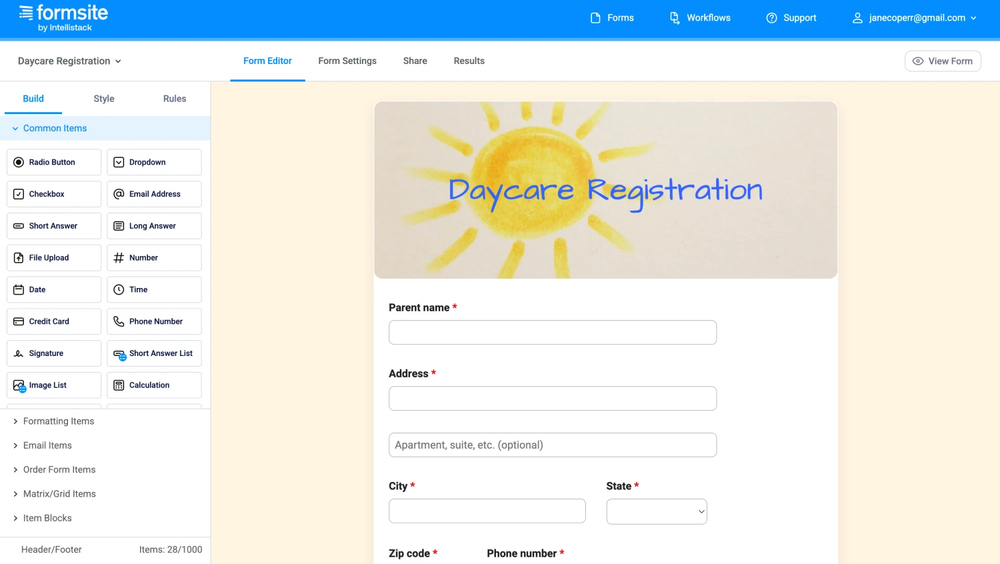 Workspace of Formsite