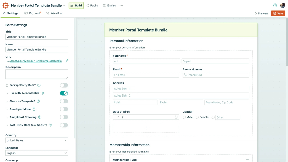 Workspace of Cognito Forms