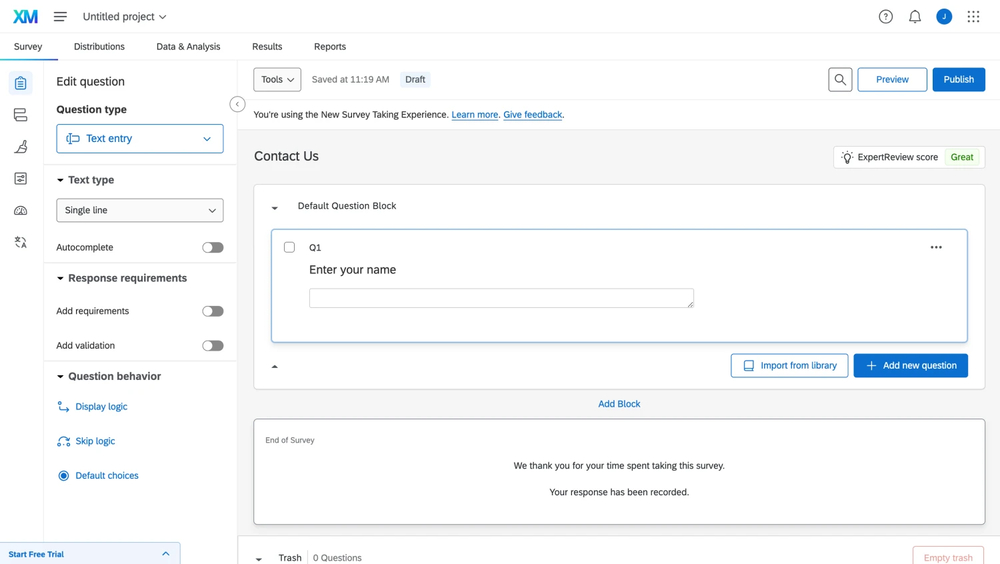 Workspace of Qualtrics