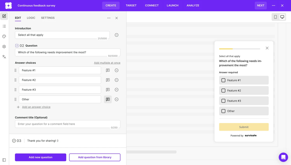 Workspace of Survicate