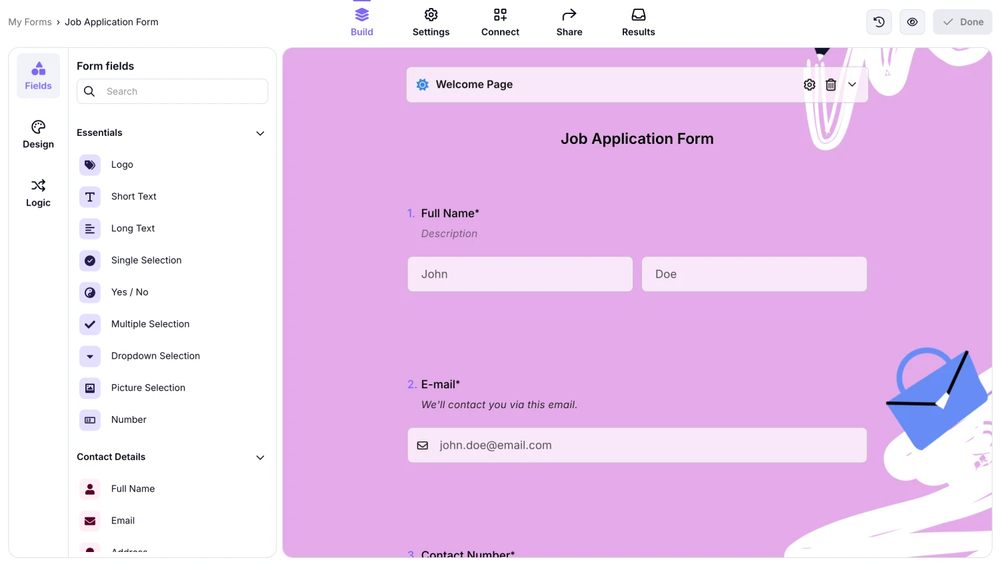 Workspace of forms.app