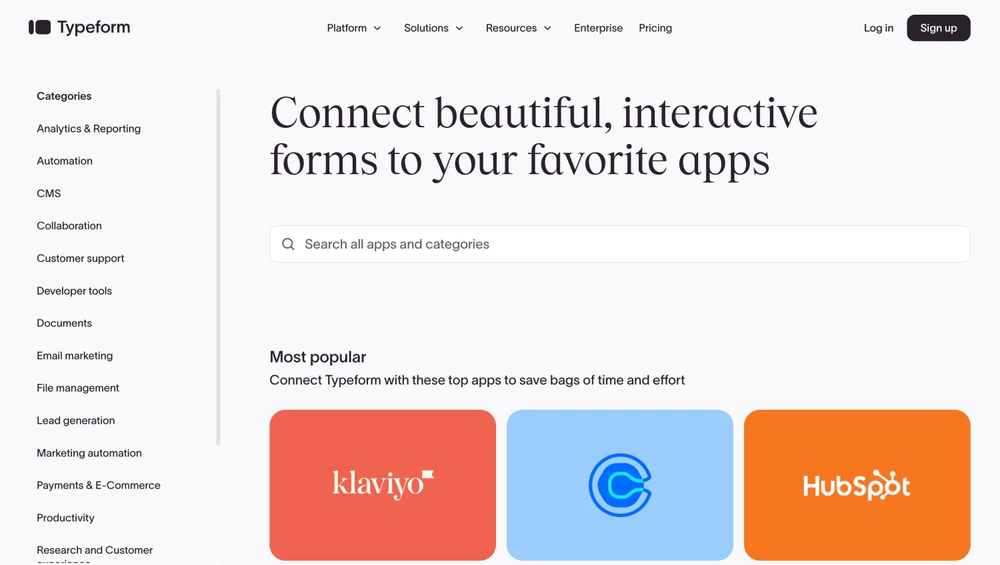 Integrations page of Typeform