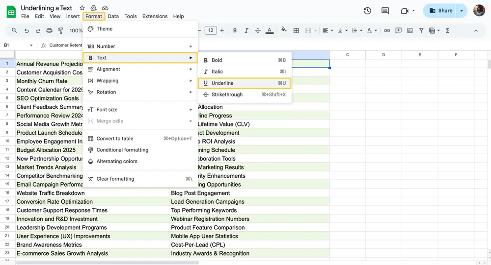Haga clic en Formato para subrayar
