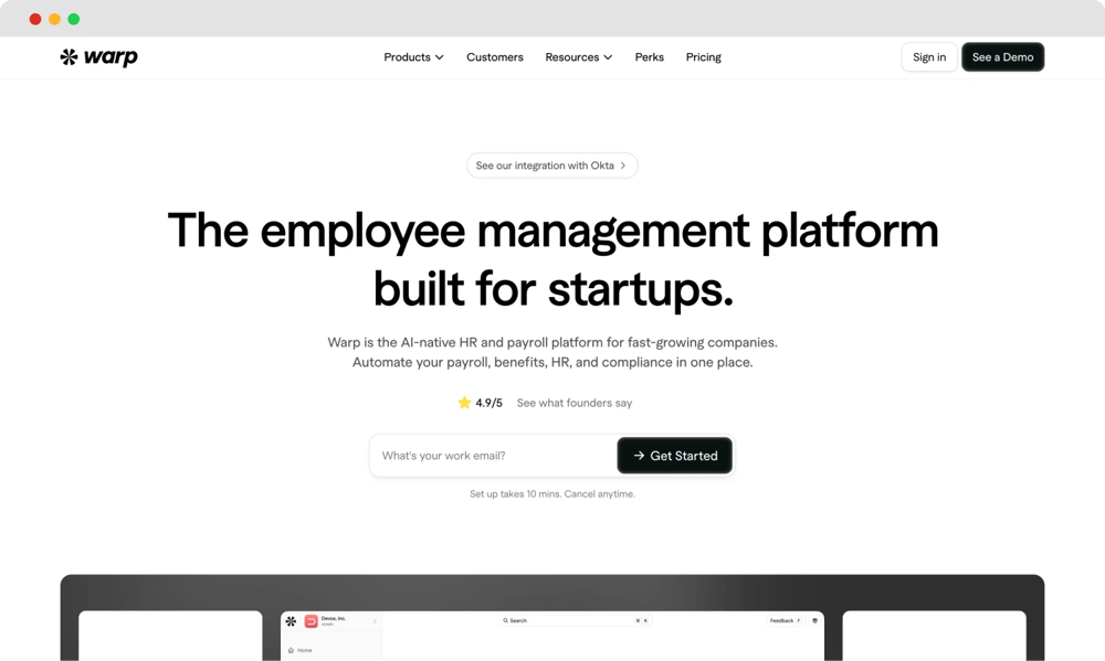 The homepage of Warp