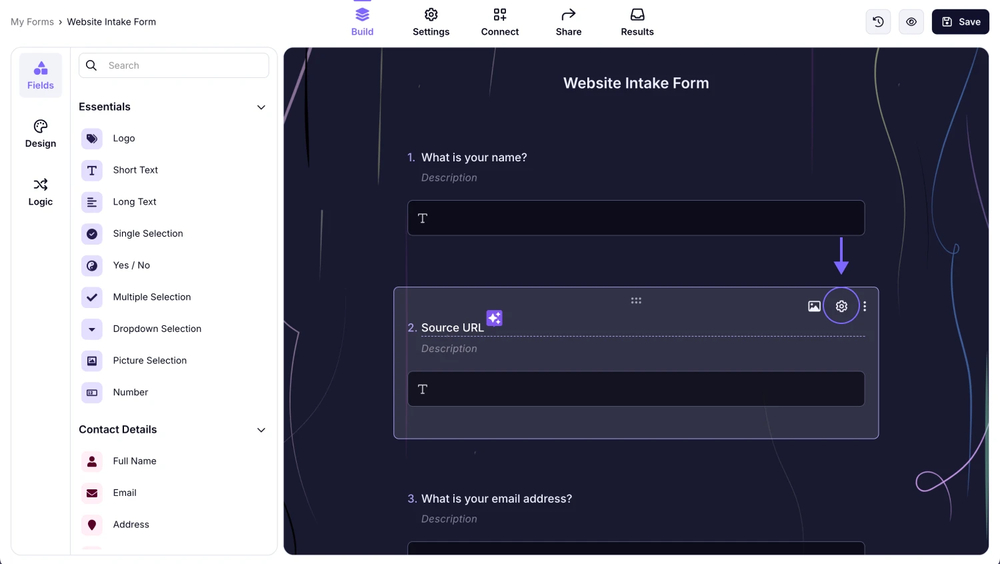 An image showing the “Gear” icon on the field you selected, which you need to click to access the field settings