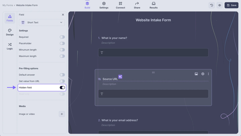 An image showing the “Hidden field” option, which you need to enable from the field settings